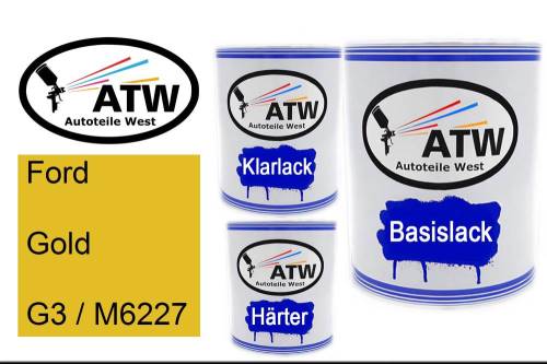 Ford, Gold, G3 / M6227: 1L Lackdose + 1L Klarlack + 500ml Härter - Set, von ATW Autoteile West.